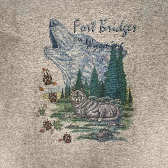 Vintage Y2K Grey Fort Bridger Wyoming Animal Wolf Print Graphic T-shirt Size L - Picture 4 of 7